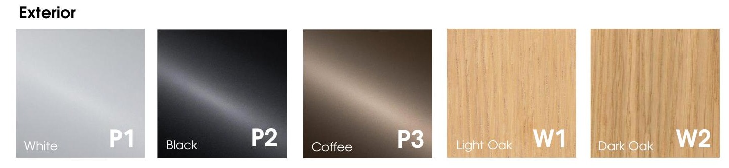 CUBE exterior finish row: Dark Oak, Light Oak, White, Black, and Coffee