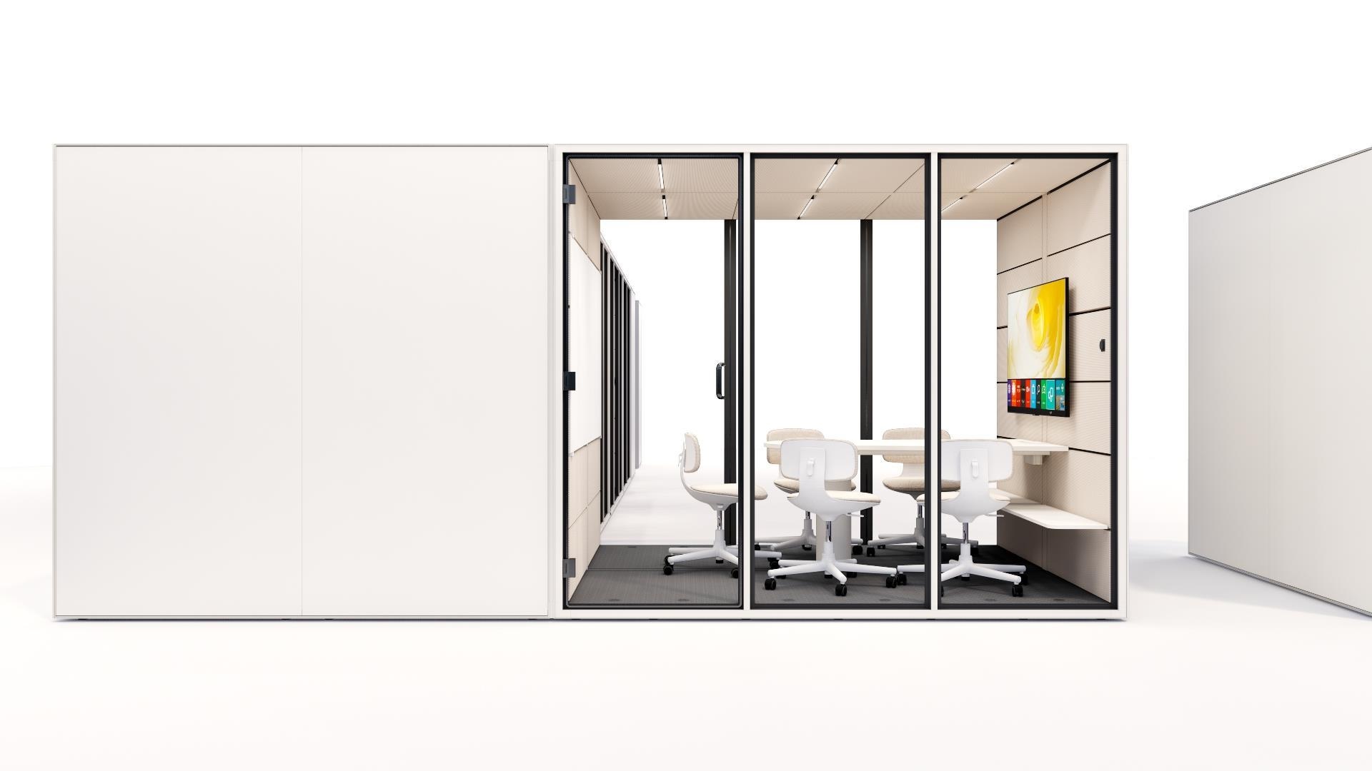 Artland CUBE office pod with glass walls, seating, table, and acoustic panels