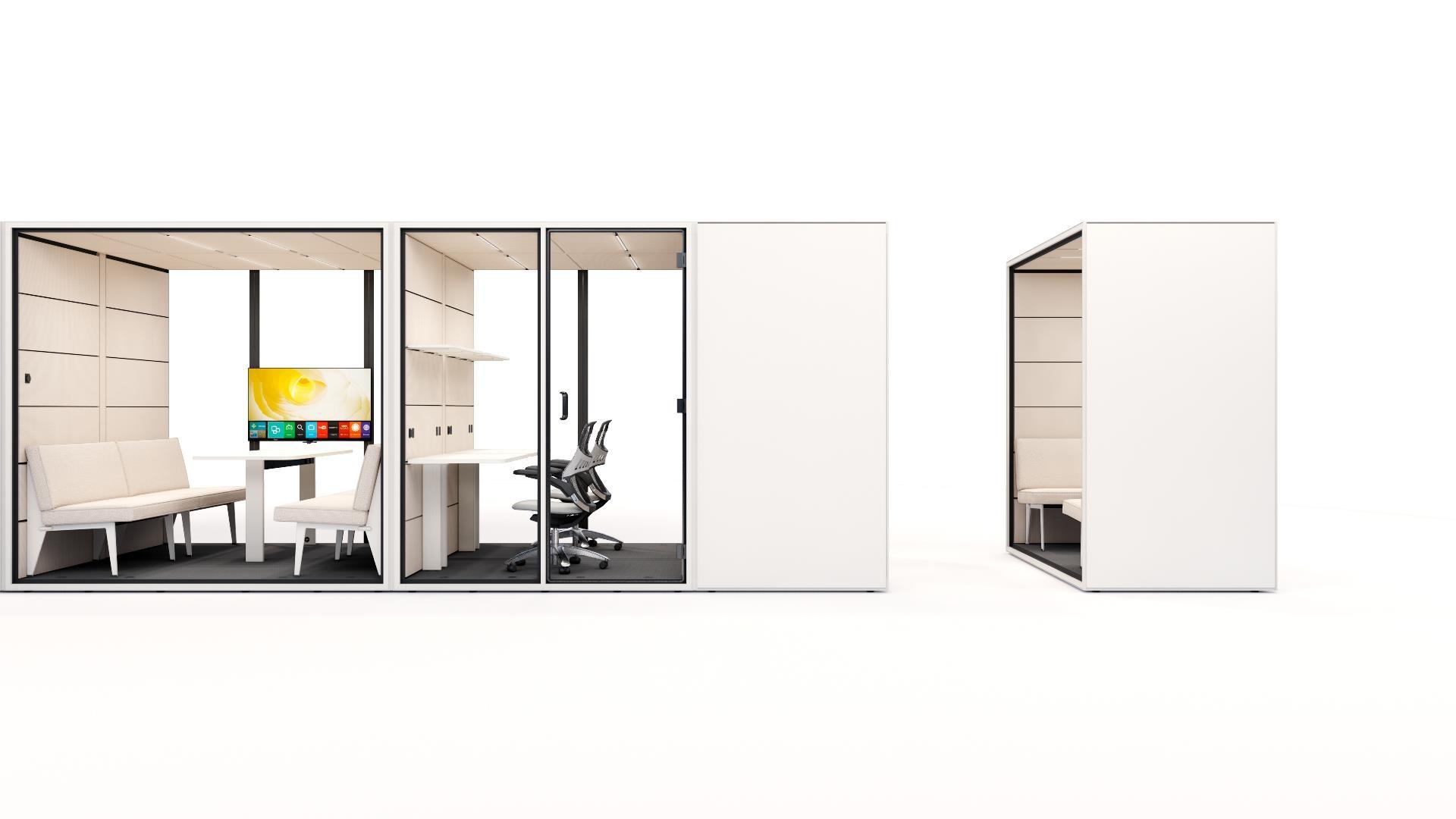 CUBE pod shown beside a workplace planning diagram