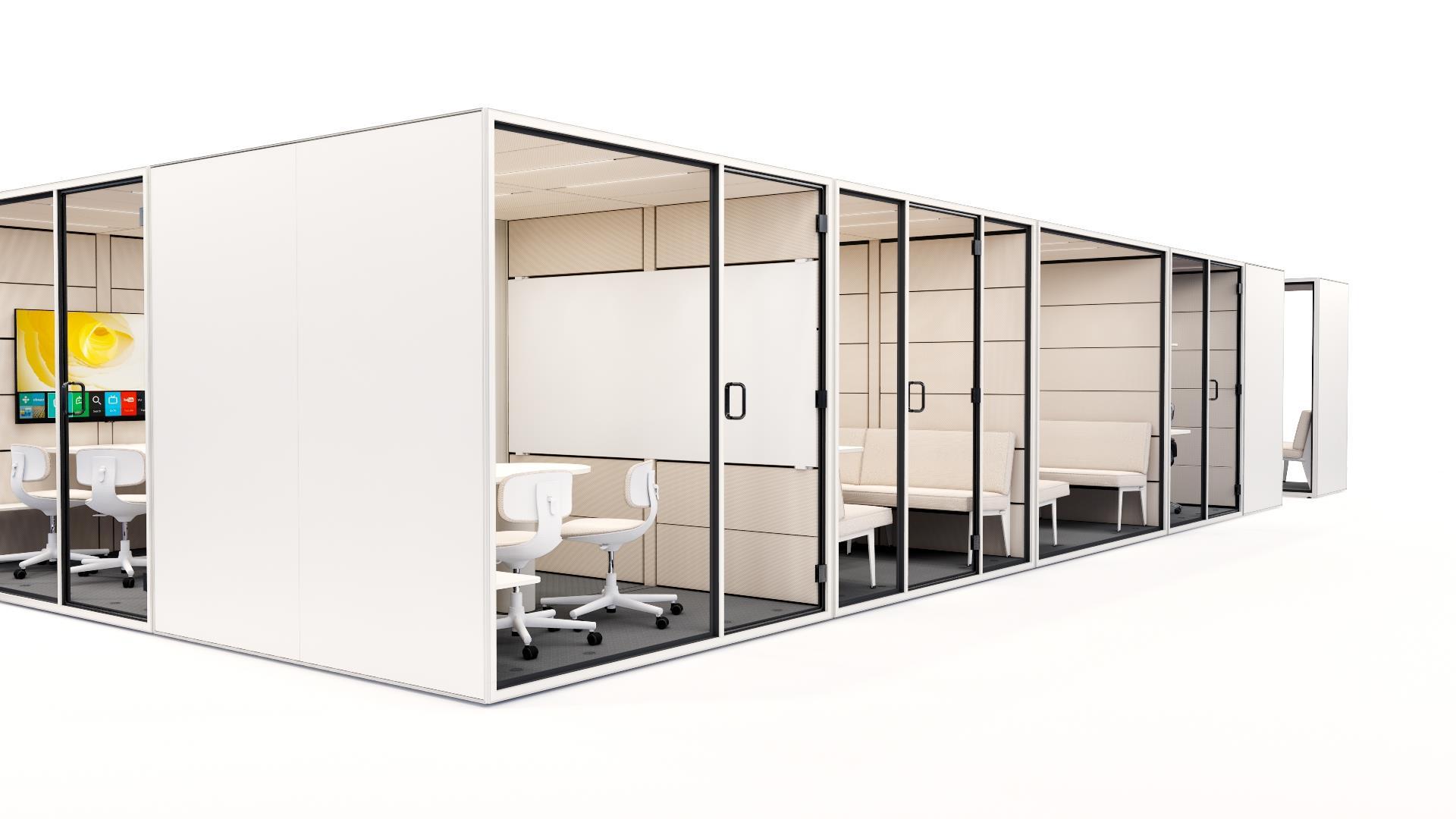 Long CUBE cluster of glass office pods arranged in a row