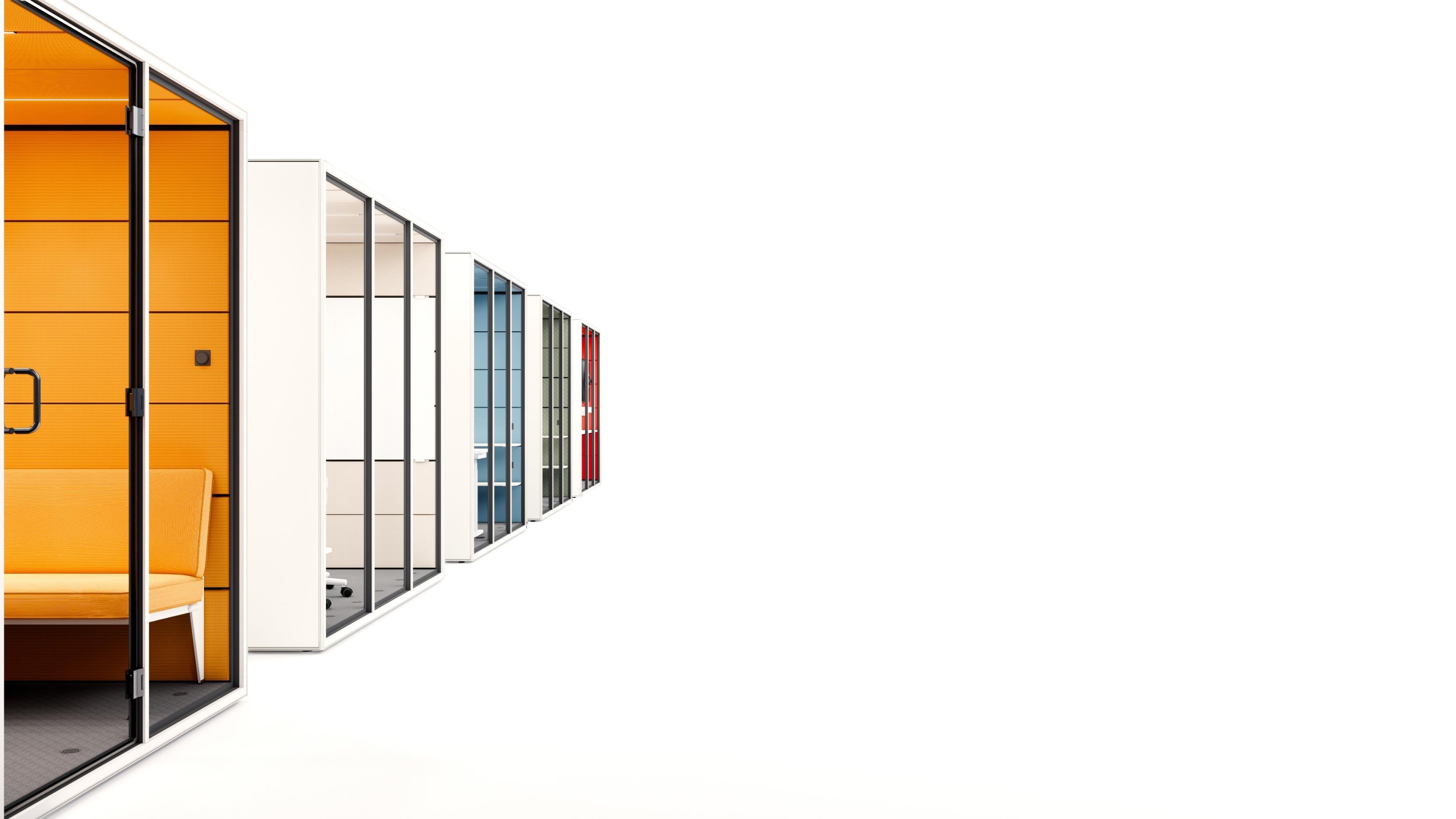 A row of CUBE pods showing flexible finishes and furniture integration
