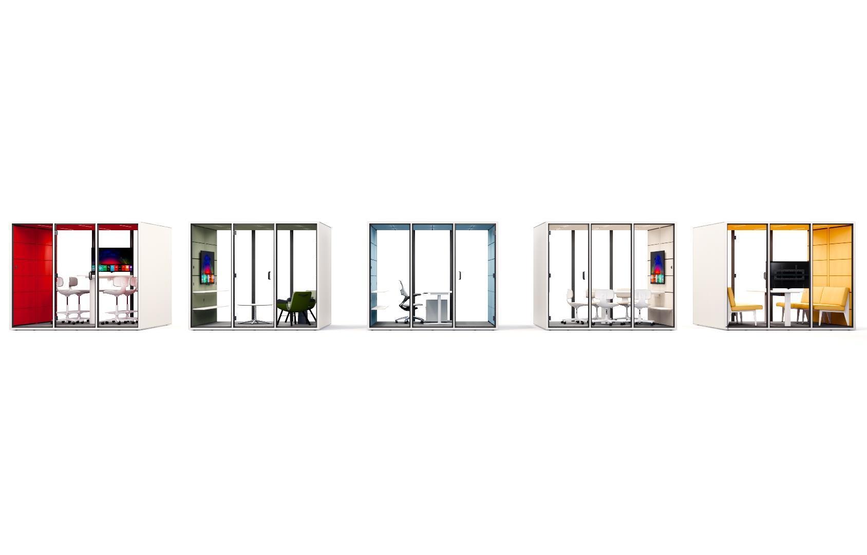 CUBE furniture integration examples in red, green, blue, white, and yellow interiors