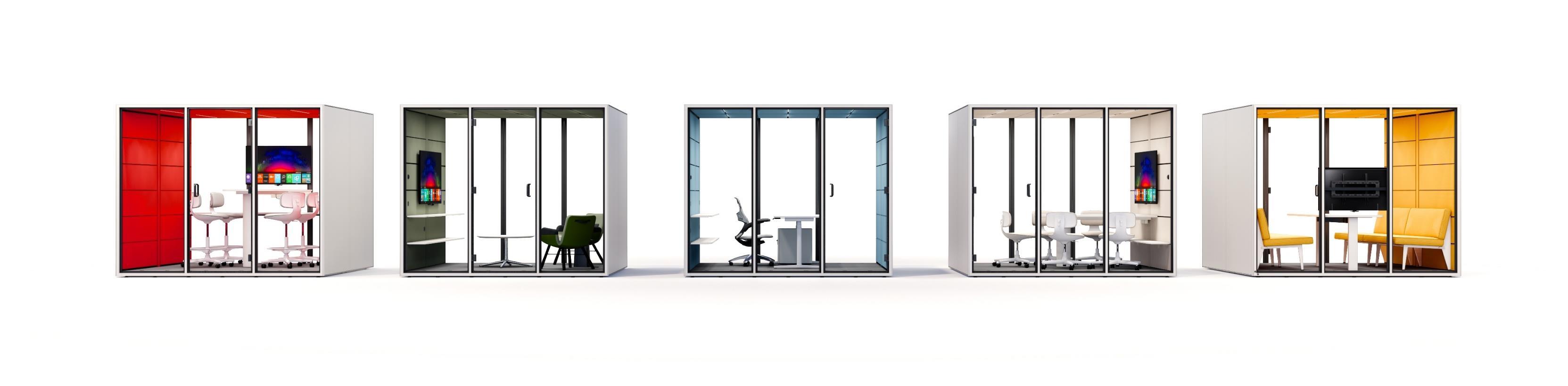 Furniture setup examples for CUBE-L2 with different seating and table arrangements