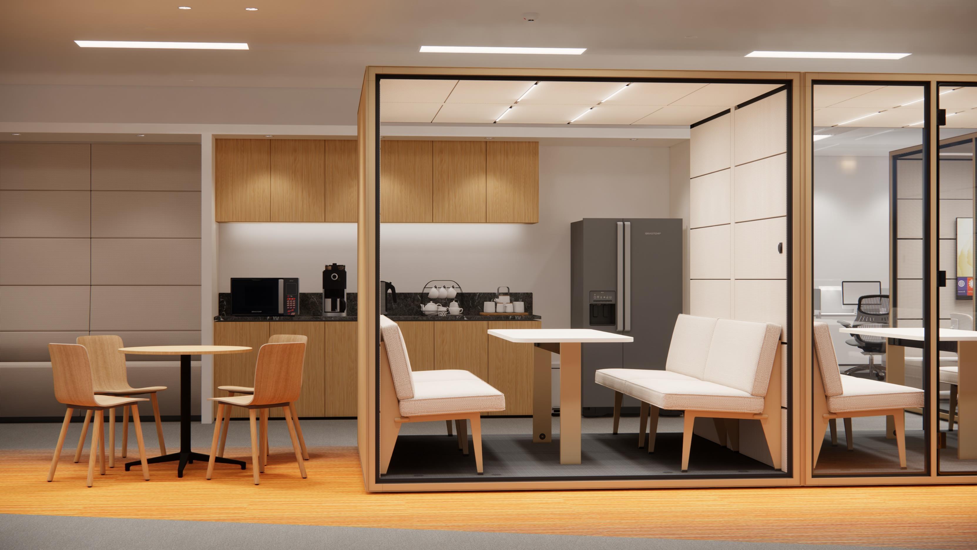 CUBE pod installed in an office setting with meeting furniture