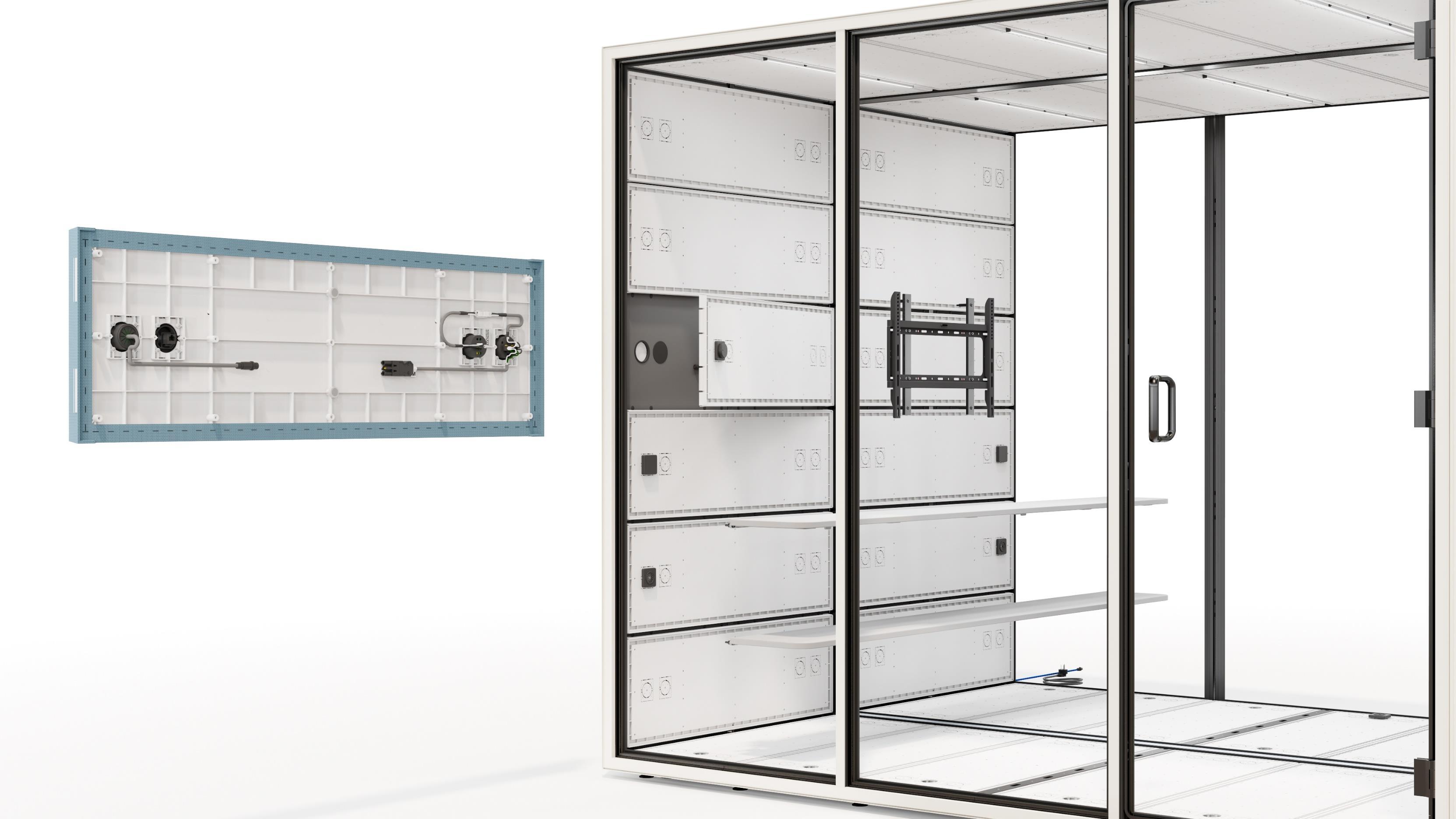 CUBE electrification system showing wall panel components and open pod interior with mounting slots